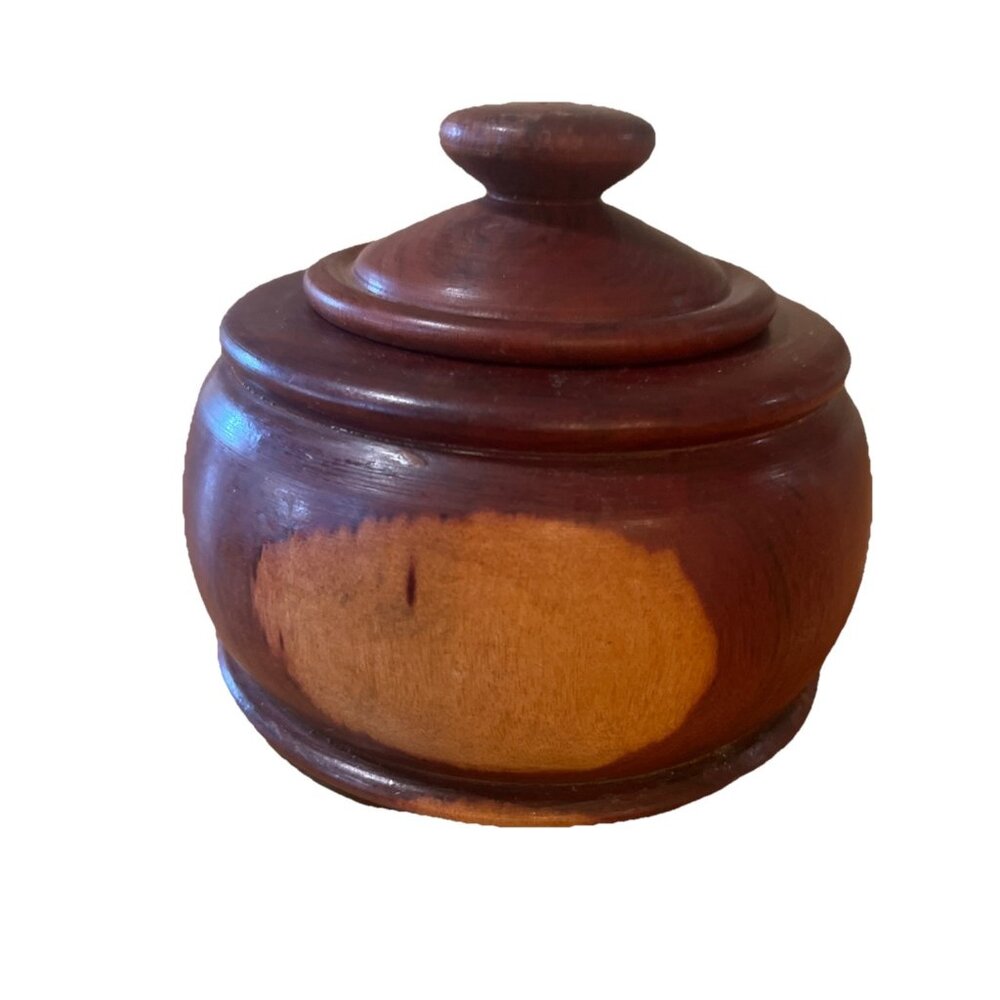 Vintage hand turned wooden Container with lid Tobacco, trinkets, rings 4.5” Tall